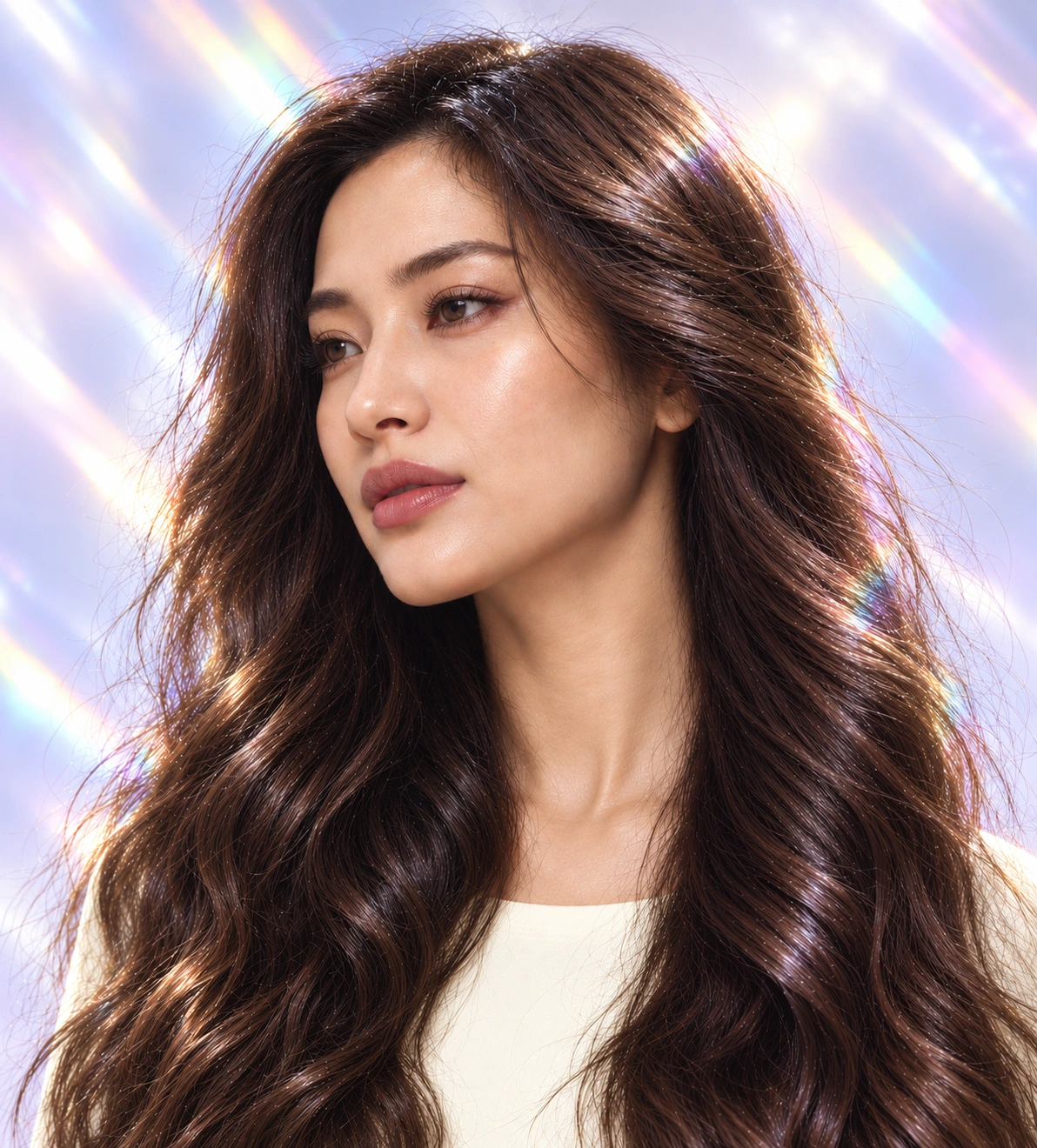 An East Asian model with naturally falling dark wavy hair, looking off-camera in soft pearl and prismatic light