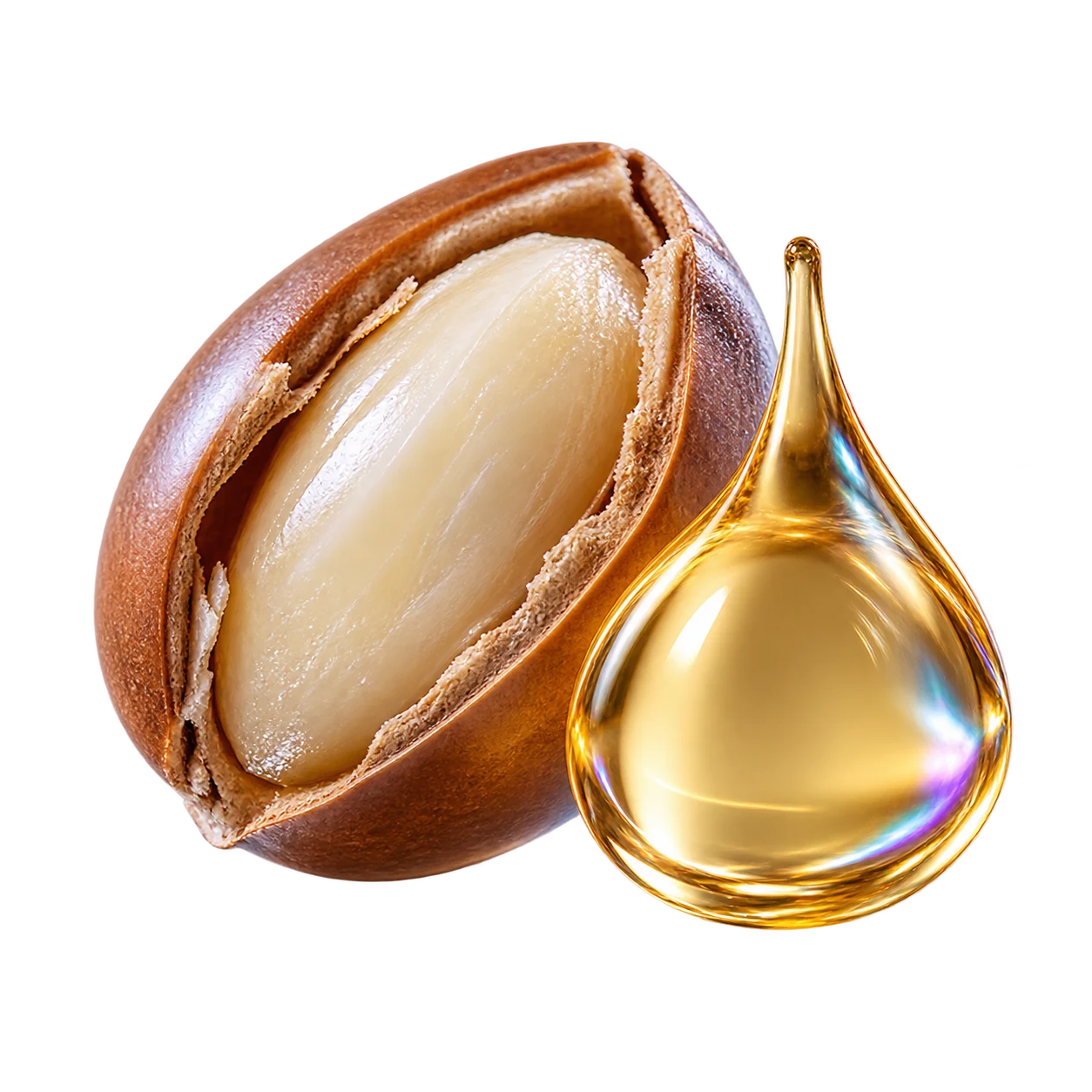 An argan kernel beside a drop of golden oil