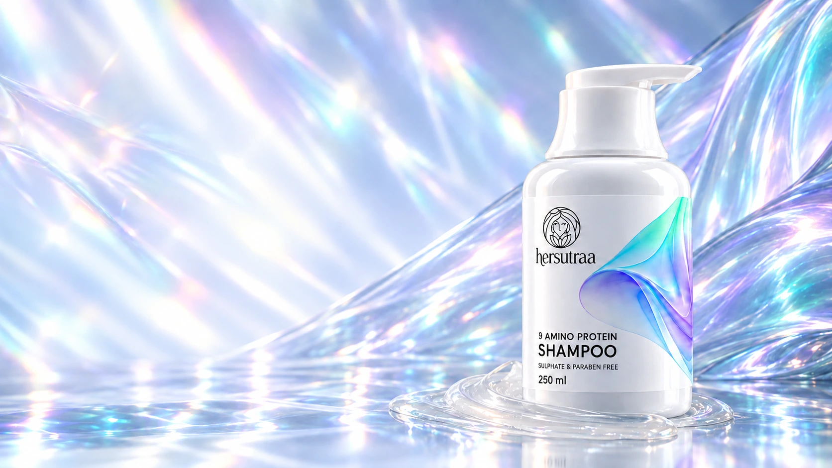 Hersutraa 250 ml shampoo bottle beside a smooth prismatic fold and pearly cleansing gel
